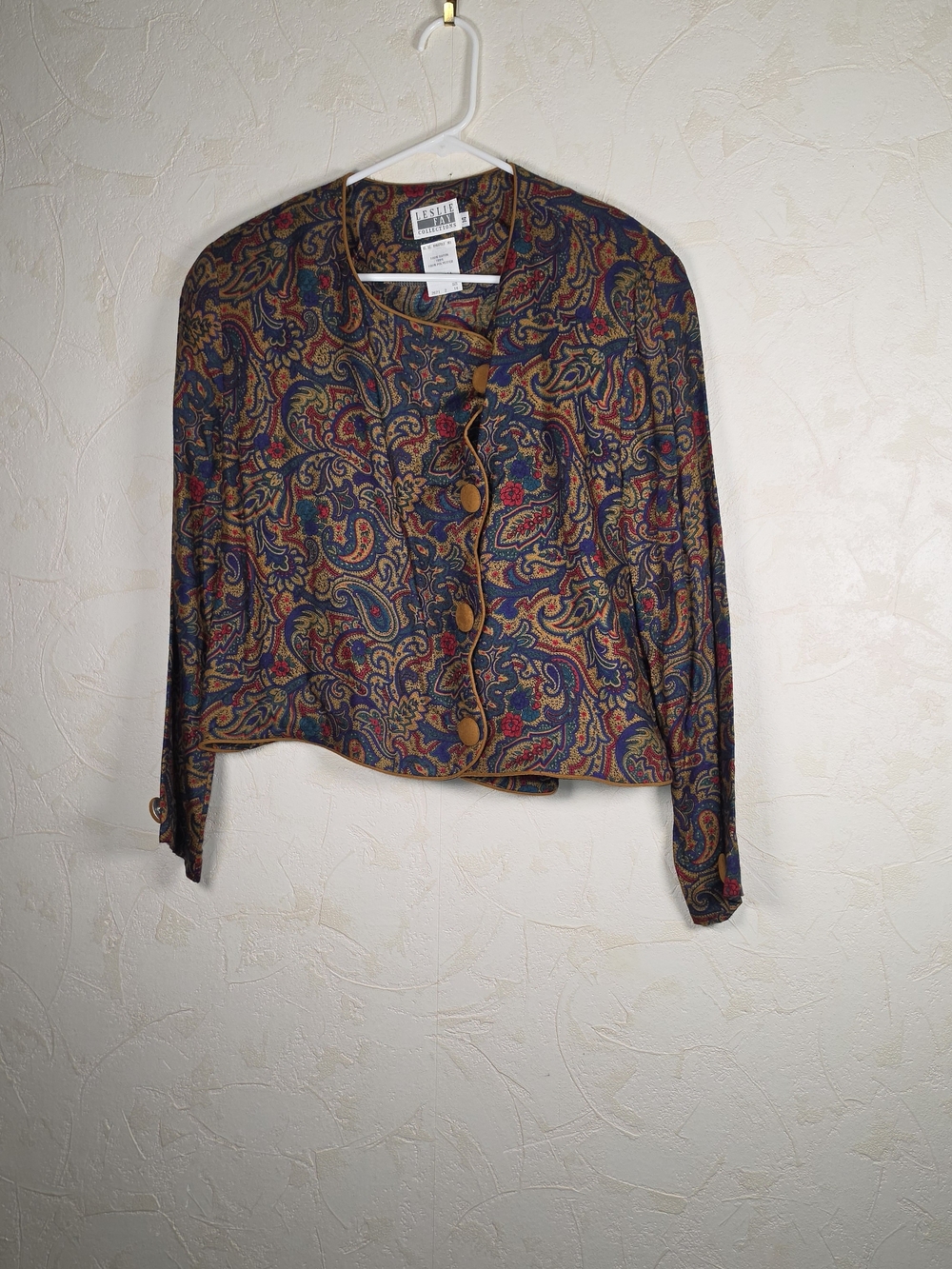 Vtg 80s Leslie Fay Jewel Tone Paisley Bolero Blazer Cropped jacket boho L 14
